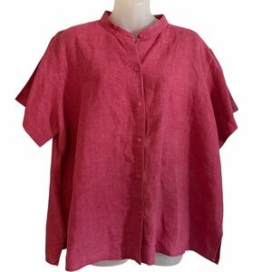 EILEEN FISHER Washed Organic Linen Delave Band Collar Short-Sleeve Shirt XL